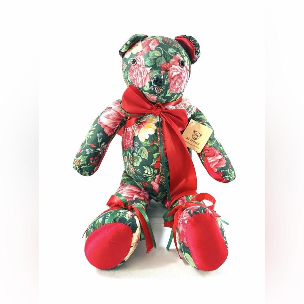 Vintage Holiday Floral Teddy Bear By Sandy Holiday 20” W/ Original Tag - Picture 2 of 8
